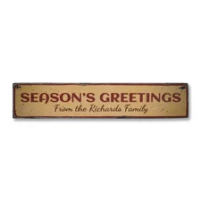 Season's Greetings, Custom Family Last - Rustic Distressed Wood Sign