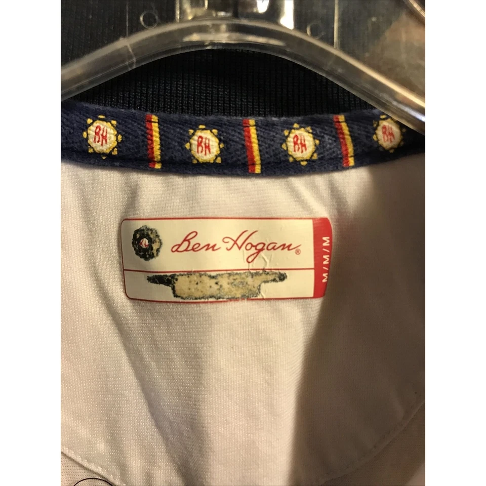 Camisa Polo Ben Hogan Para Hombre M Azul Marino Salmón Blanco SS 1/4 Botón Algodón Poli Foto 3 de 4