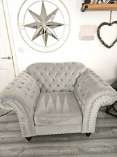 Chesterfield Armchair Grey Velvet Tufted Back Studded Trim Traditional
