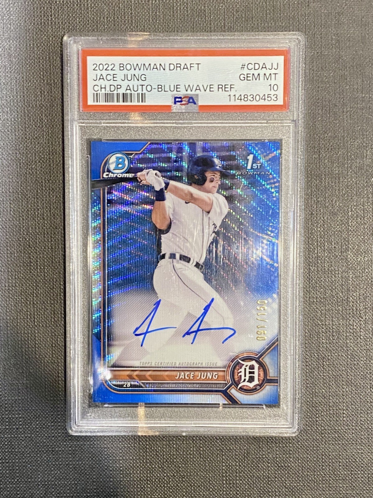 JACE JUNG 2022 BOWMAN CHROME DRAFT 1ST BLUE WAVE REFRACTOR AUTO /150 PSA 10 RC