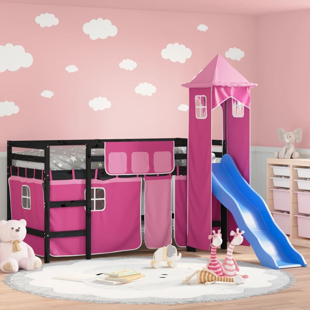 Letto a Soppalco con Torre Bambini Rosa 80x200cm Massello Pino 2805528
