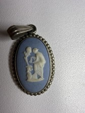 Vintage Wedgwood Jasperware Sterling Silver Cameo Pendant Blue Made in England