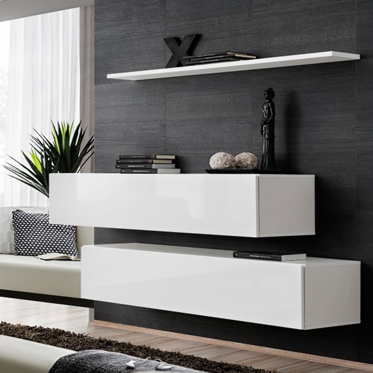 Banc mural et étagère Switch SBII 130cm blanc brillant pour salon contemporain