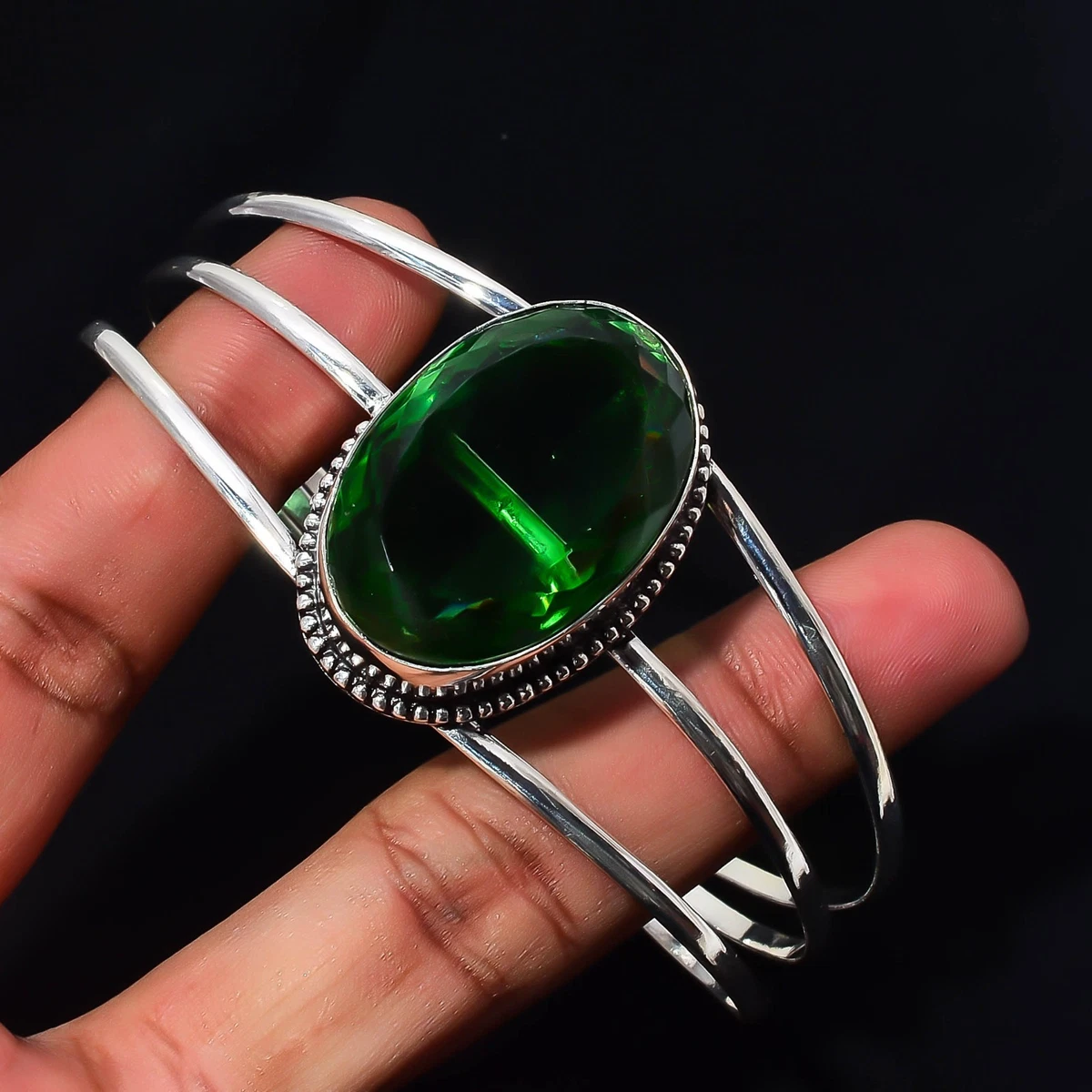 Peridot Quartz Gemstone 925 Sterling Silver Handmade Bangle Jewelry Gift For Her
