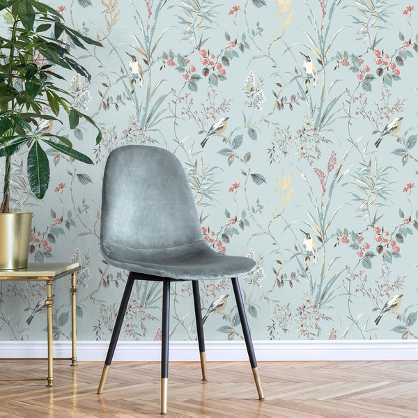 Blumenmuster Treebird Tapete M1856 Fine Decor Blau Metallisch Krone Mariko Stil-image