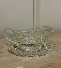 Vintage Cut Glass Sauce Gravy Mint Serving Boat with Dish, Excellent Cond.