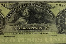 1899 COSTA RICA BANKNOTER REMAINDER P-S163r1 5 PESO PCGS 65 PPQ