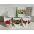 5 x Anchor Hocking Fire King Mugs Cup White Milk Glass Floral Retro Vintage