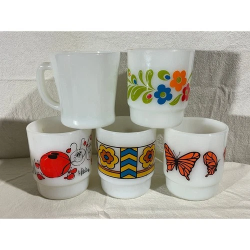 5 x Anchor Hocking Fire King Mugs Cup White Milk Glass Floral Retro Vintage
