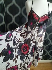 White Black & Cerise 100% Silk Halter Neck Sun Dress Size M
