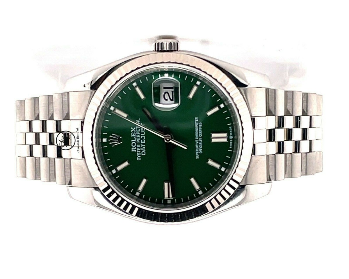Rolex Datejust 116234 18K White Gold Bezel Green Dial Jubilee