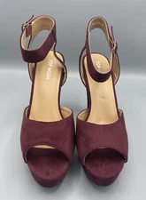 NEW Women's Top Moda Chunky Ankle Strap Heel Open Toe Shoes Bonica-27 Wine Suede