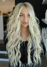 Real hair! New Beautiful Women's Long Mix Blonde Wavy Human Hair Wigs 26In