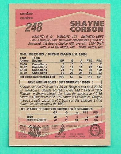 (1) SHAYNE CORSON 1989-90 O-PEE-CHEE # 248 CANADIENS ROOKIE NM-MT CARD (W7907) - Picture 2 of 2