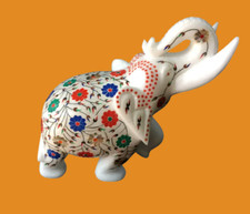 Hand Carved Marble Inlay Trunk Up Elephant Semi Precious Stone Housewarming Gift