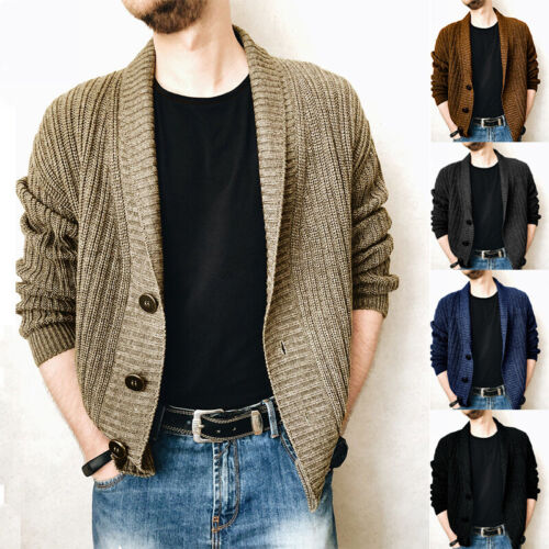 Cardigan uomo invernale caldo maglione maglia cavo bottoni cotone tasche top - Foto 1 di 20
