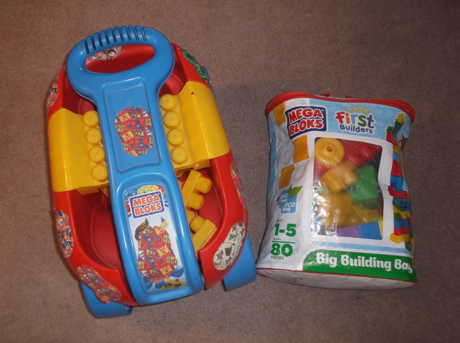 Mega Bloks First Builders WAGON Build a CAR, STORAGE BAG Lot FREE SHIPPING