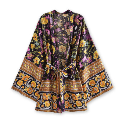 Dark Butterfly Floral Print Boho Bathrobe, Boho Beach Coverup, Kimono Cardigan
