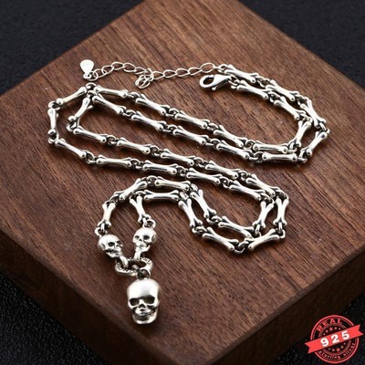 3MM Vintage Skulls Bone Chain Punk Necklace For Mens Women 925 Sterling Silver
