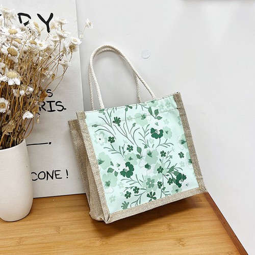 Linen Mini Tote Bag Small Flower Print Lunch Bag Simple Women Handbag - Picture 12 of 32