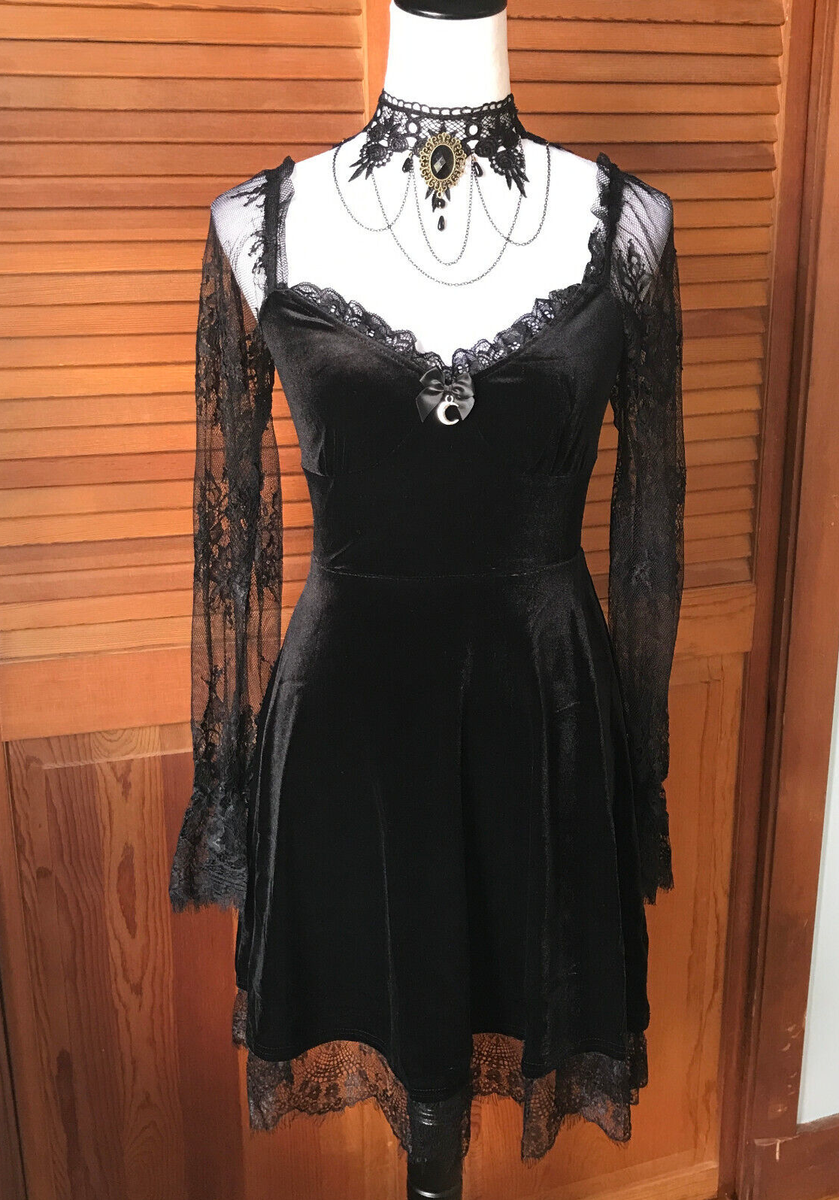 Gothic Victorian Dark Side of the Moon Black Velvet & Lace Dress S | eBay