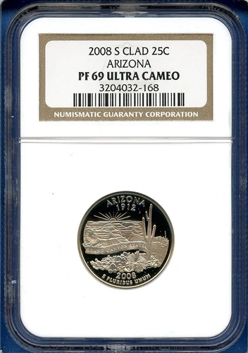 2008 S NGC PR69 Ultra Cameo Clad Arizona 25c State Quarter 2008-S PF-69 UCAM