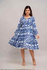 Indian Women Rayon Floral Round Neck Midi Dress Short kurti For Women