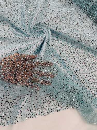 Beaded Sequins Pearl Fabric - Tiff Blue Embroidered Pearl Sequins Fabric By Yard - Picture 4 of 5