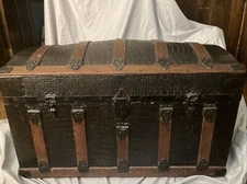 Vintage Antique Alligator Tin Steamer Trunk, 1800s Victorian, Pirate Style Dome 