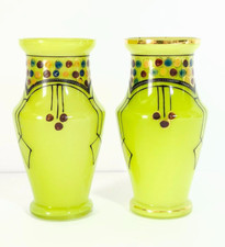Art Nouveau Small Pair of Green Glass Vases Painted with Enamel Decoration.