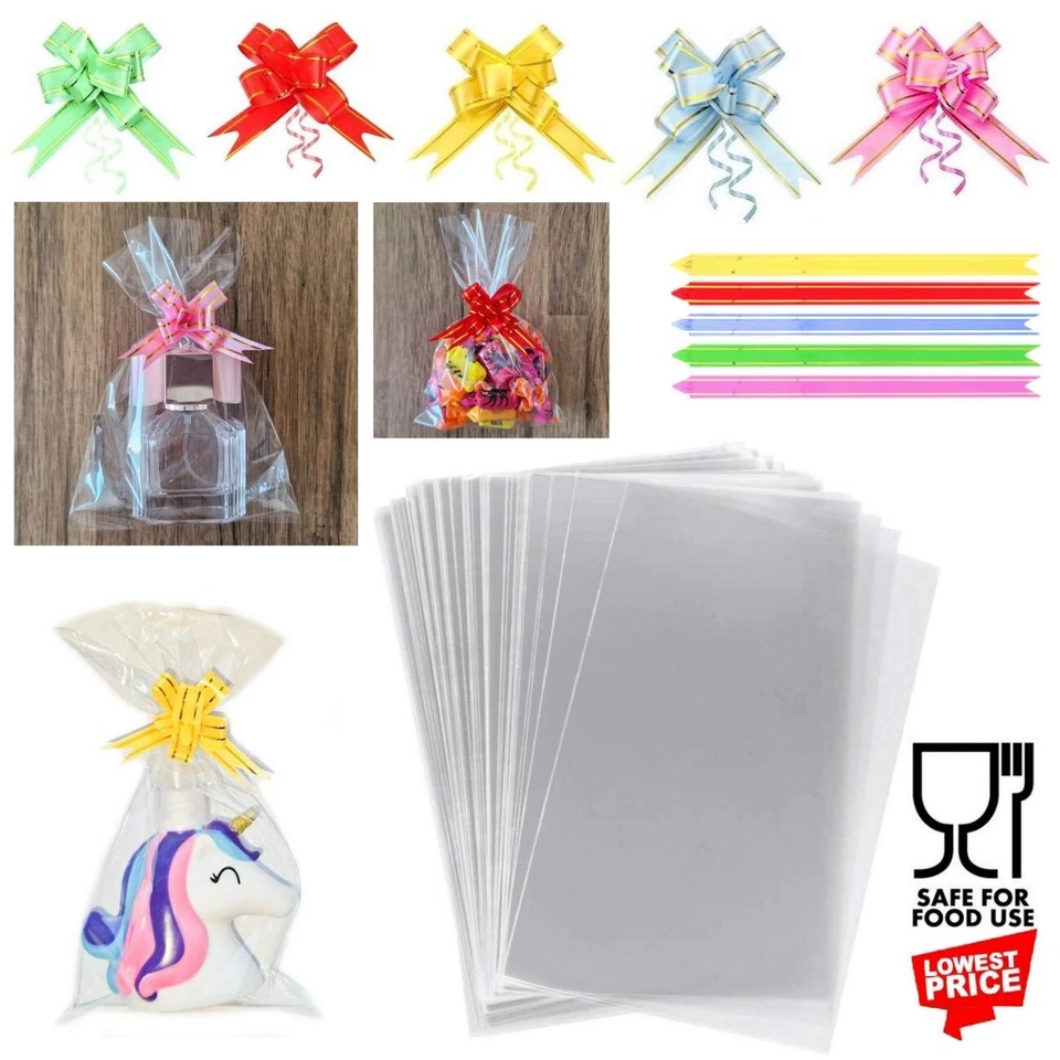 Clear Cellophane Sweet Bags Treat Party Loot Plastic Gifts Wrap Pull Bow Ribbons