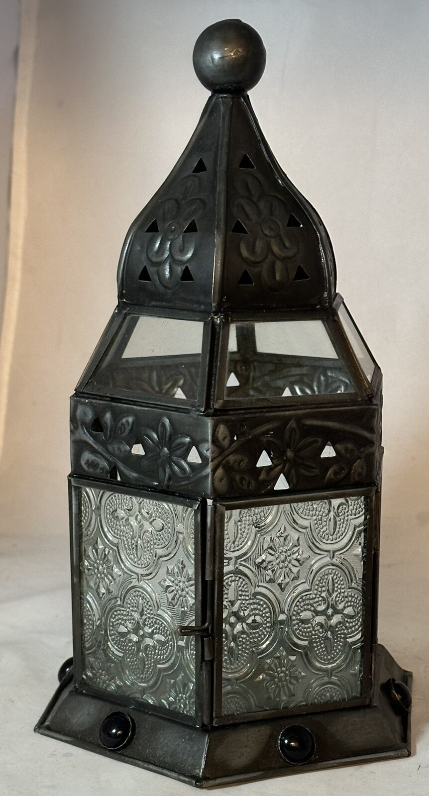 Table Top Hexagonal Shaped Metal And Glass Lantern Candle Holder