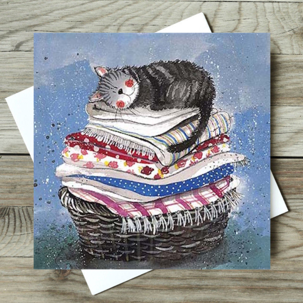 Funny Cat Greeting Card by Alex Clark Humorous Greetings Cards Laundry Basket