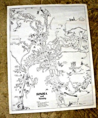  LOVELY CARTOON MAP OF SONORA & VICINITY CAL MINES TRAIN BY D. VILLASENOR 1959