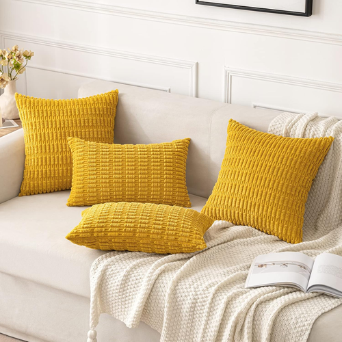 Pack of 2 Mustard Yellow Corduroy Decorative Throw Pillow Covers 18X18 Inch Soft - Picture 4 of 12