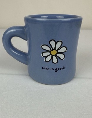 LIFE IS GOOD FLOWERS COFFEE MUG Ceramic Dusty Blue 12 Oz Love What You Do
