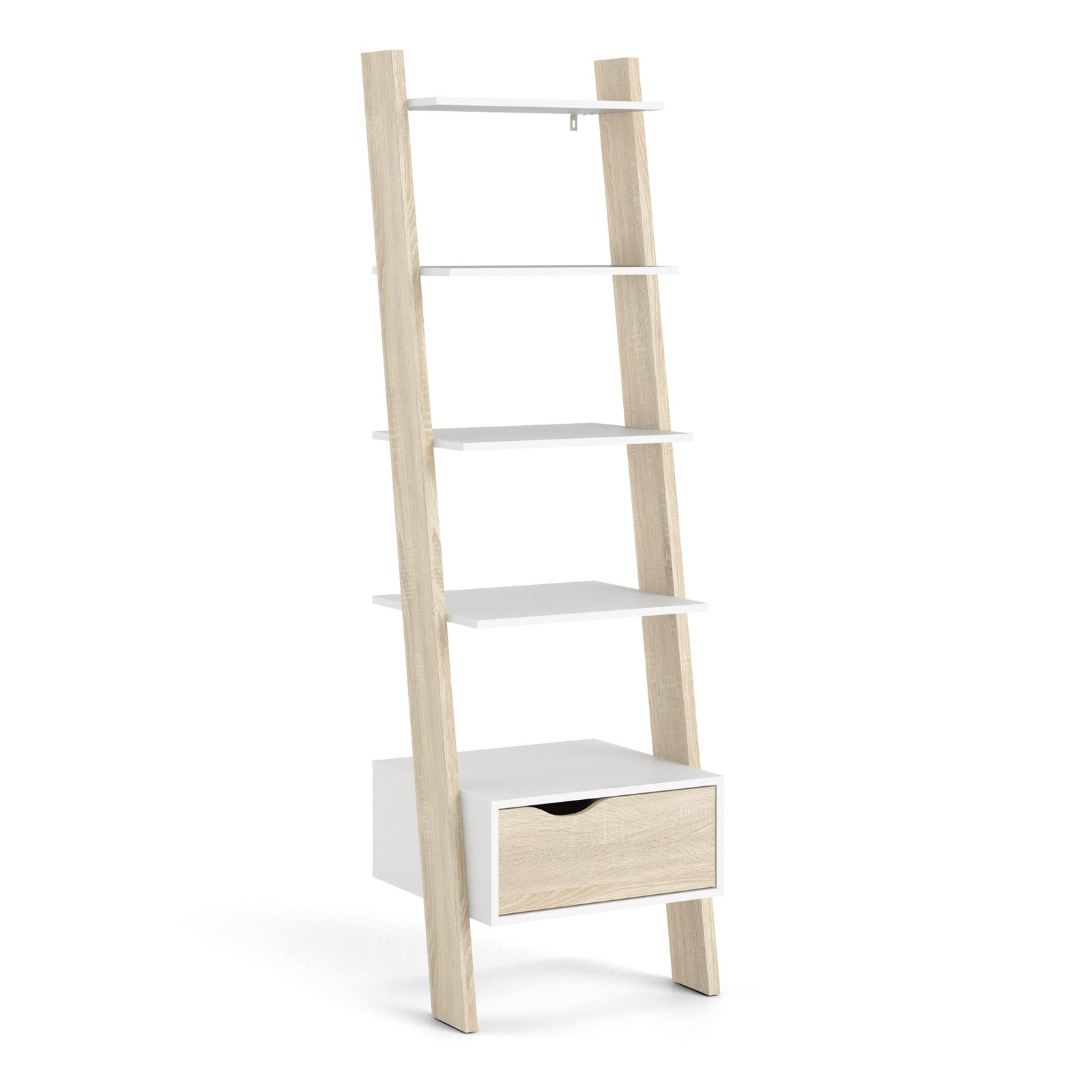 Leaning Bookcase with Drawer - White & Oak, Modern Storage Shelf, Sturdy Unit