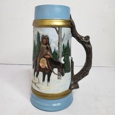 Vintage Native American Indian Horse Bear Handle Ceramic Beer Stein Mug Blue Art