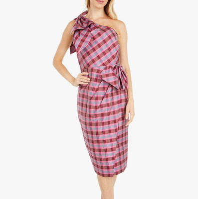 J Crew Ocho Pink Plaid Silk Blend One Shoulder Bow Dress Size 8 Preppy Tartan