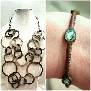 Mix Lot Bronze Jewelry Layered Necklace Metal Rings Bangle Green Crystals MXL2