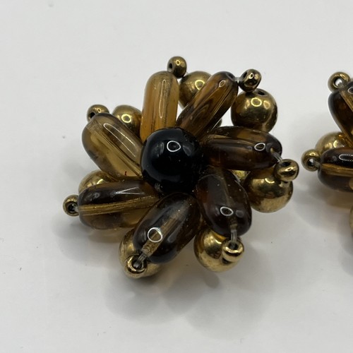 Vintage Style Amber Glass Bead CLIPON Earrings Gold Tone MCM Mad Man Style Retro - Photo 4/10