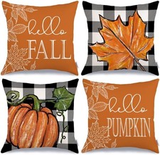 Fall Pillow Covers 18X18 Set of 4, Buffalo Plaid Pumpkin and Maple Leaves Autumn