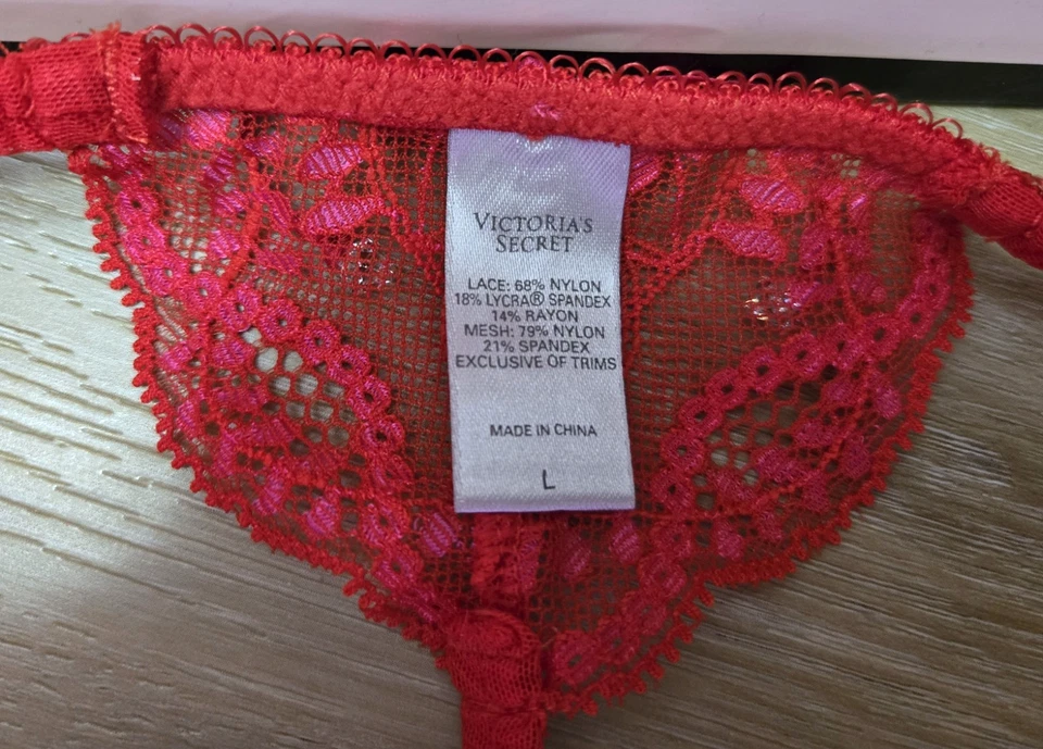Tanga bragas vintage Victoria's Secret rojo rosa malla de encaje transparente tanga lazo L Foto 3 de 3