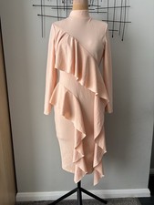 Boohoo bodycon midi dress Uk12 asymmetrical ruffled cascade mock neckline Sexy