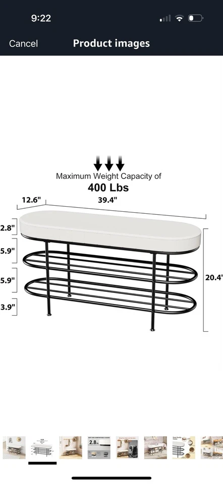 Современная скамья середины века со стойкой для хранения обуви белая/черная 40 дюймов - Изображение 2 из 4
