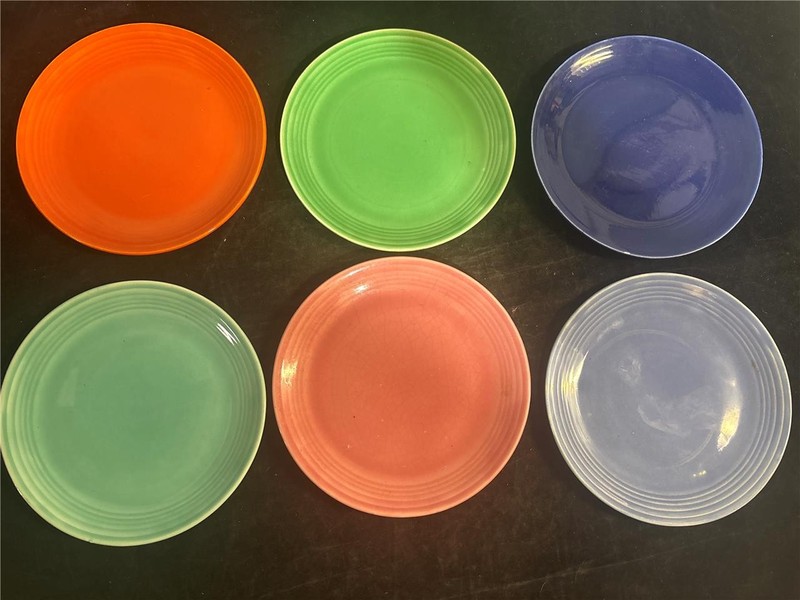 6 Cronin Pottery Zephyr 6 1/4" Bread Plates Green Blue Orange Pink Turquoise