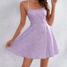NWOT SHEIN Purple Floral Strappy Fit & Flare Mini Open Back Dress Size 6 Medium