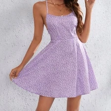 NWOT SHEIN Purple Floral Strappy Fit & Flare Mini Open Back Dress Size 6 Medium