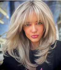 Human Hair New Fashion Layered Long Natural Golden Blond Wavy Women's Wigs 14in