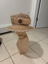 Finesse Tan Beige Wide Brim Women&rsquo;s Dress Hat Sheer Embroidered Formal Church Ha